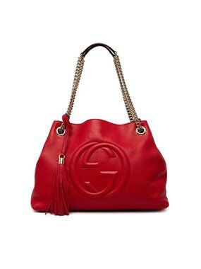 Gucci Soho Fringe Chain Shoulder Bag Tote Red Leather